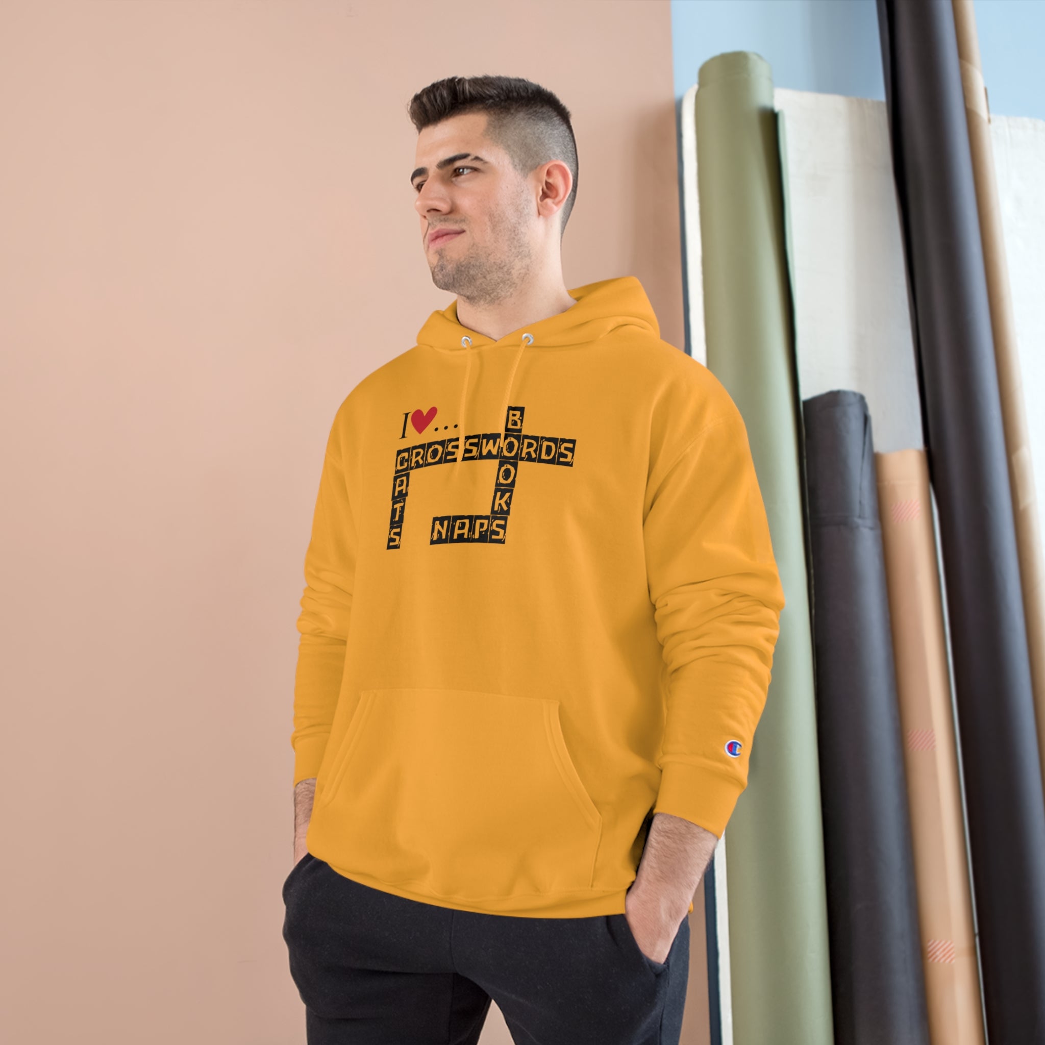 Photo depicting the ​Crosswords and Cats Champion Hoodie from EpiAl's Shop.