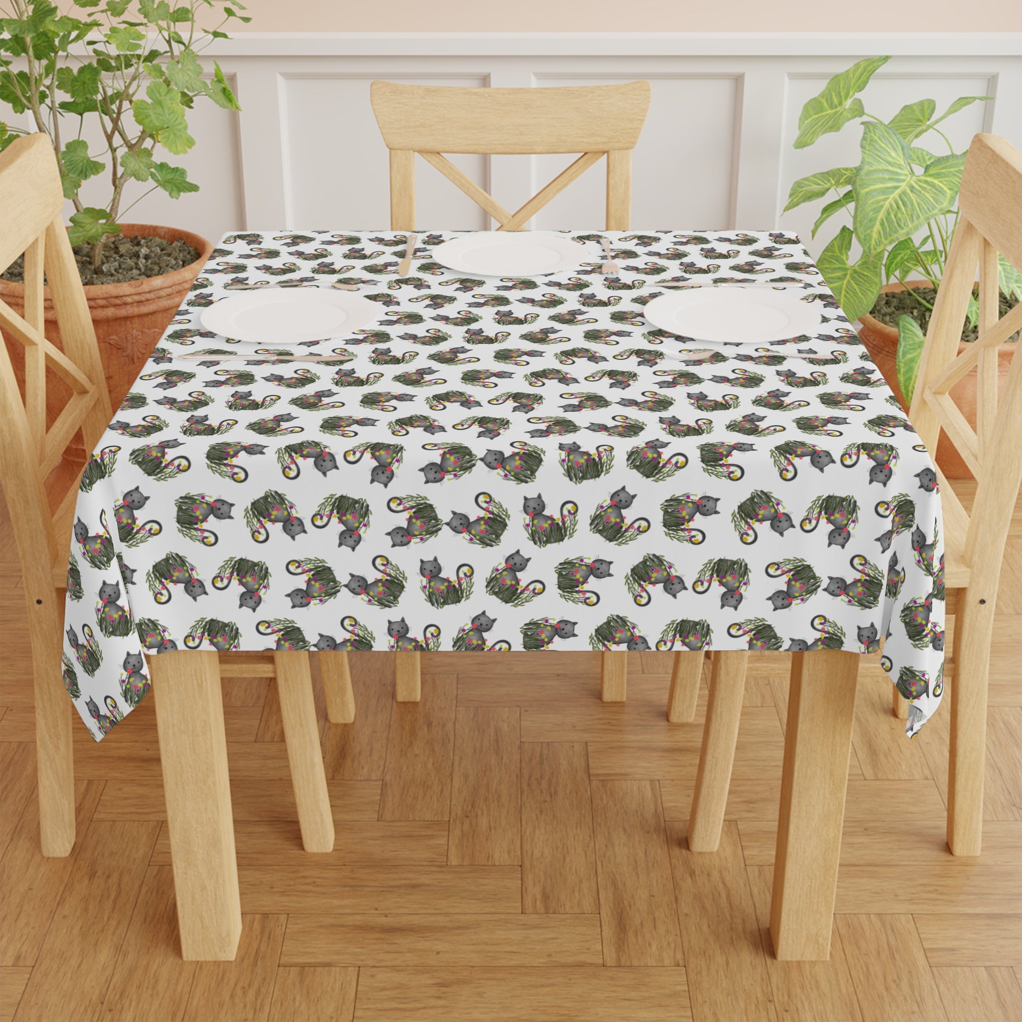 Whimsical Cat Medallion Square Tablecloth – 55" x 55"