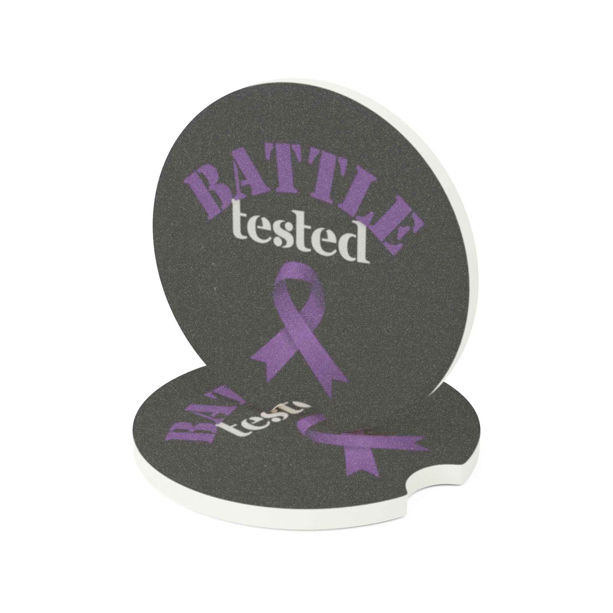 Battle Tested Epilepsy Awareness Soapstone Car Coaster – Purple Ribbon (Set of 1 or 2)