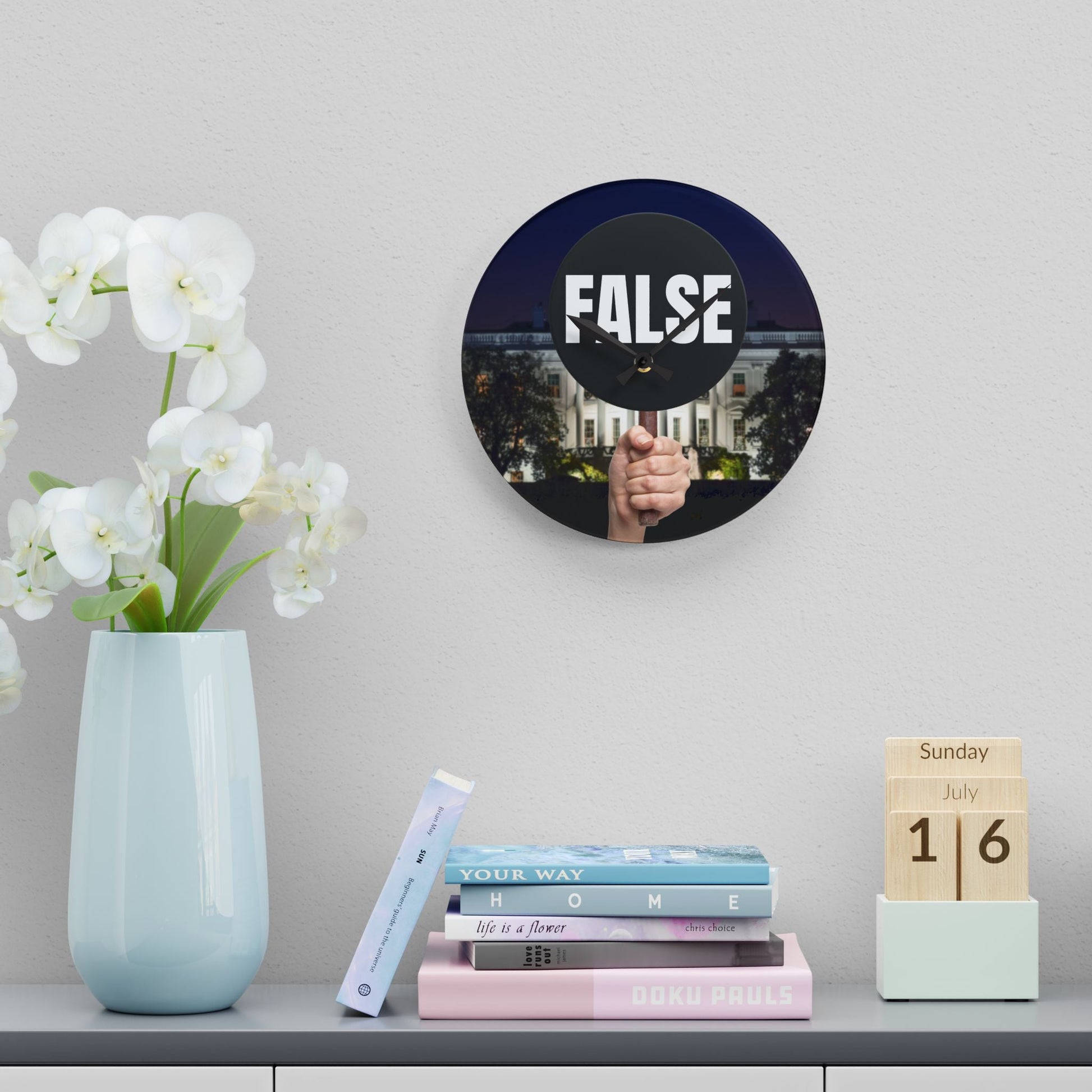 False Sign Bold Statement Acrylic Wall Clock Printify