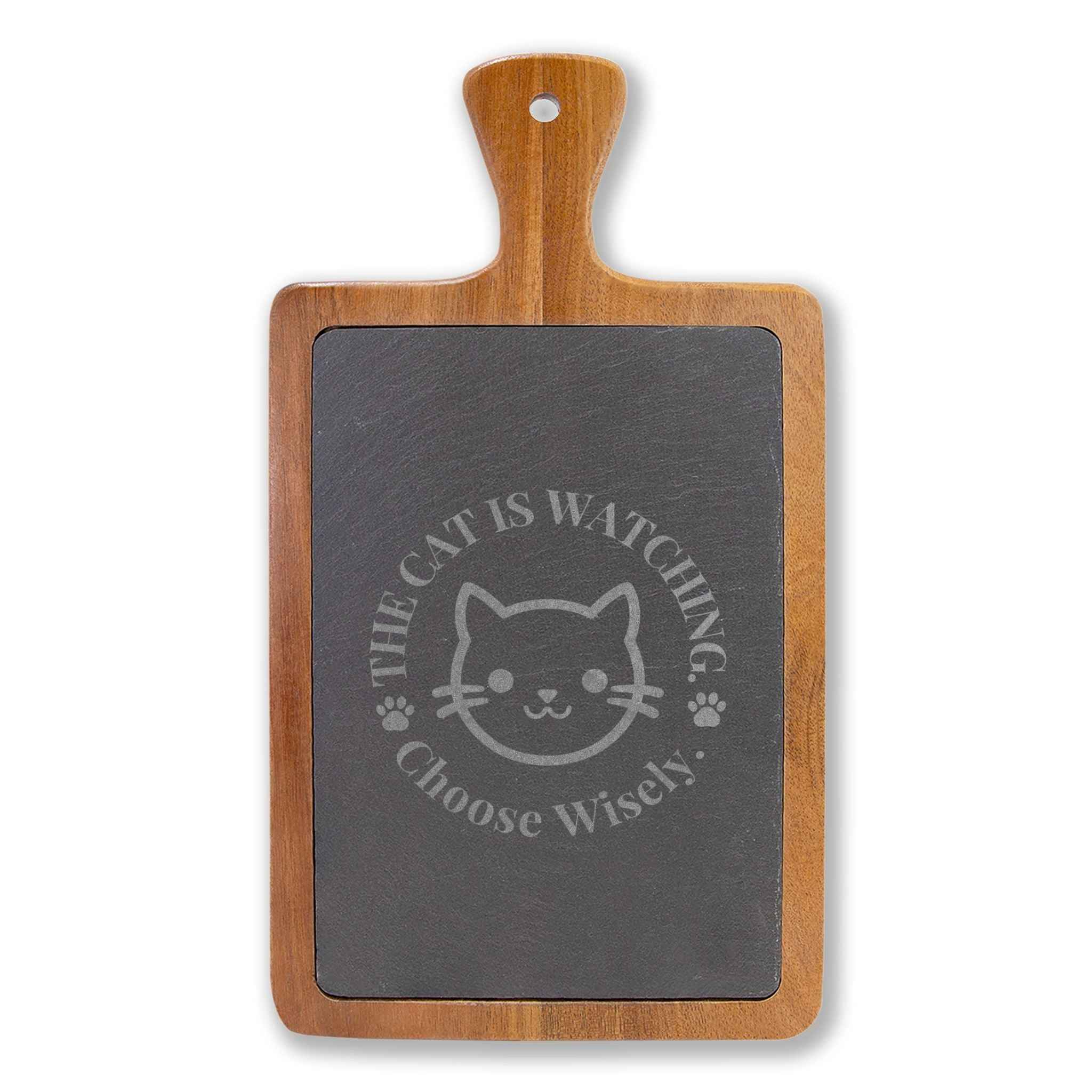 Engraved Cat Charcuterie Board — The Cat Is Watching, Choose Wisely