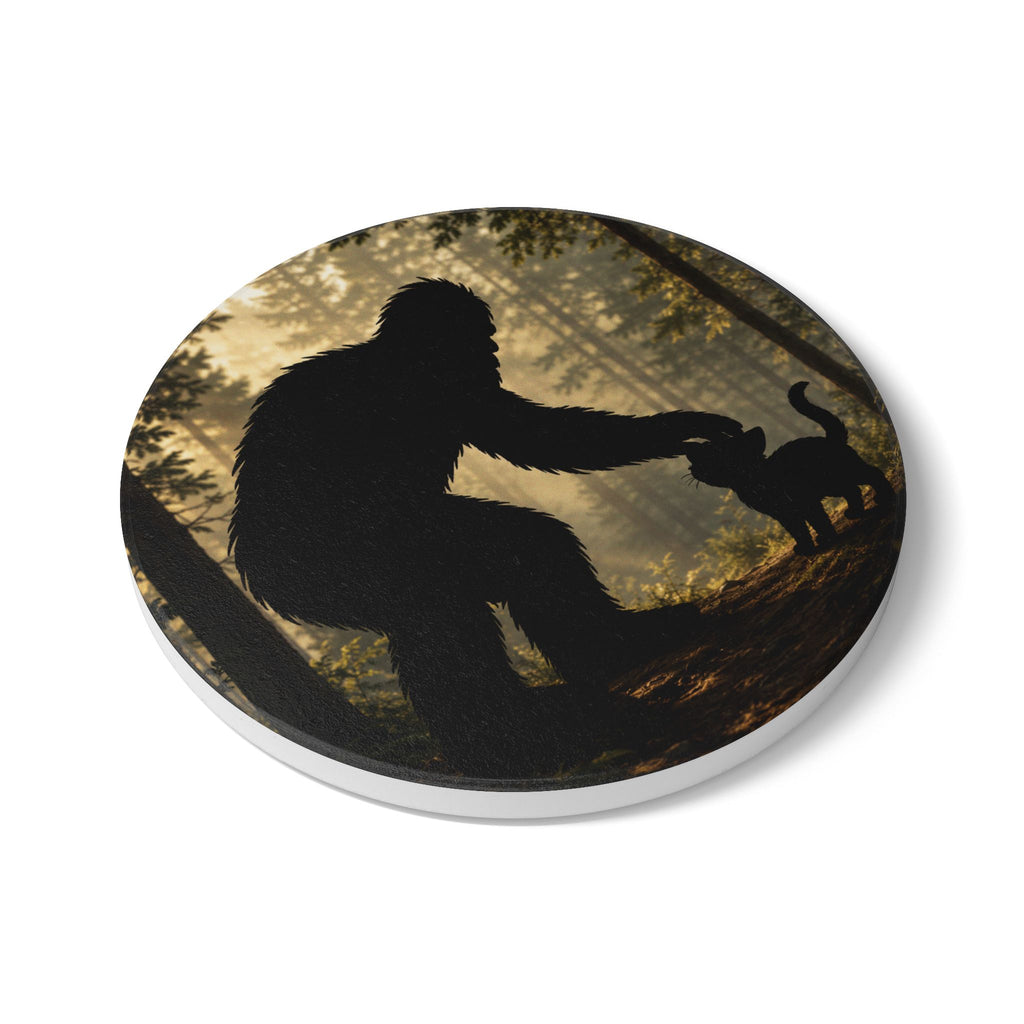 Bigfoot & Cat Ceramic Coaster — Forest Sasquatch Silhouette Drink Mat