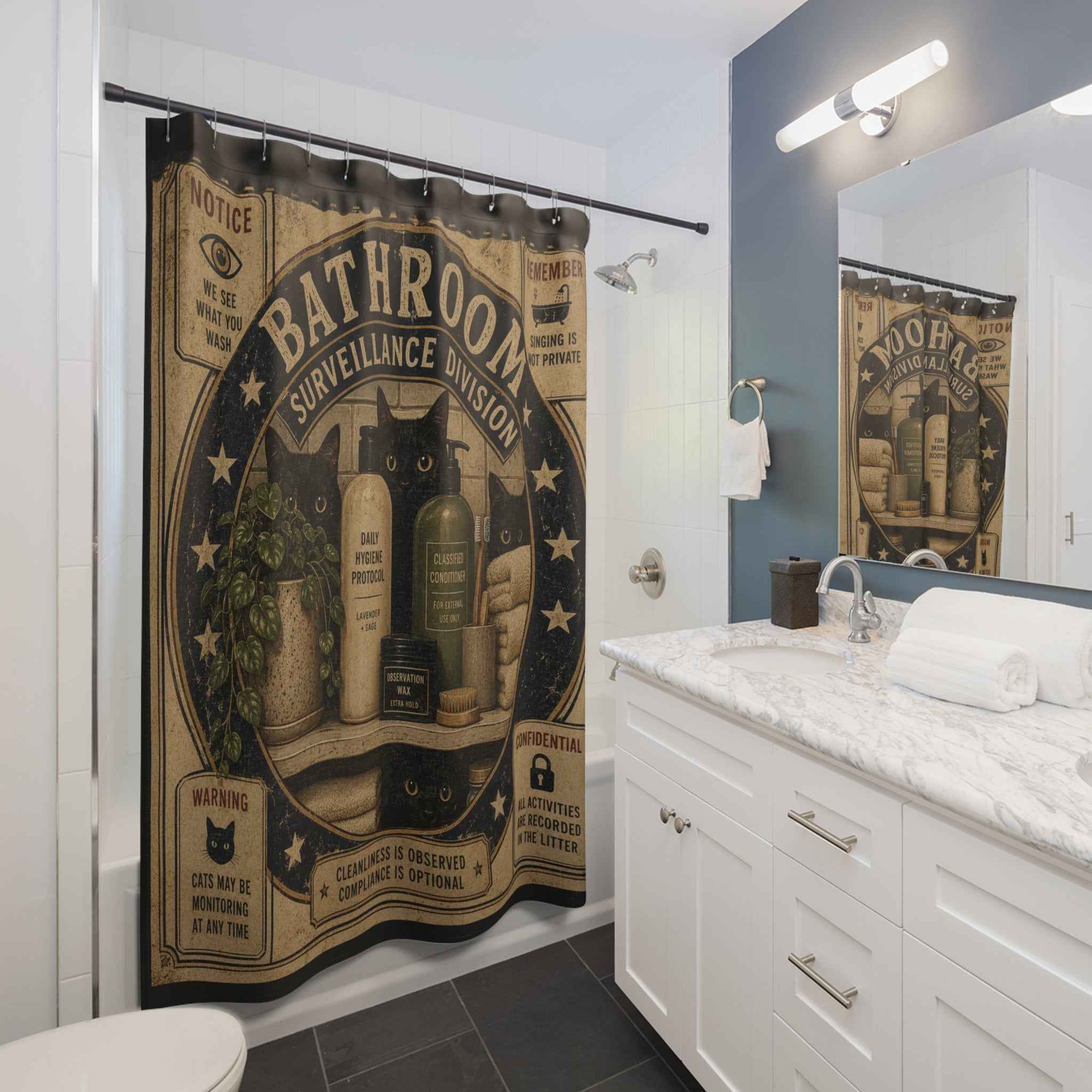Bathroom Surveillance Division Shower Curtain | Funny Black Cat Bathroom Decor