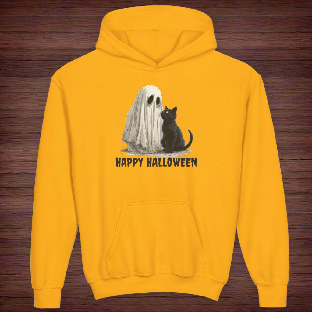 Youth Halloween Hoodie, Ghost and Cat Design