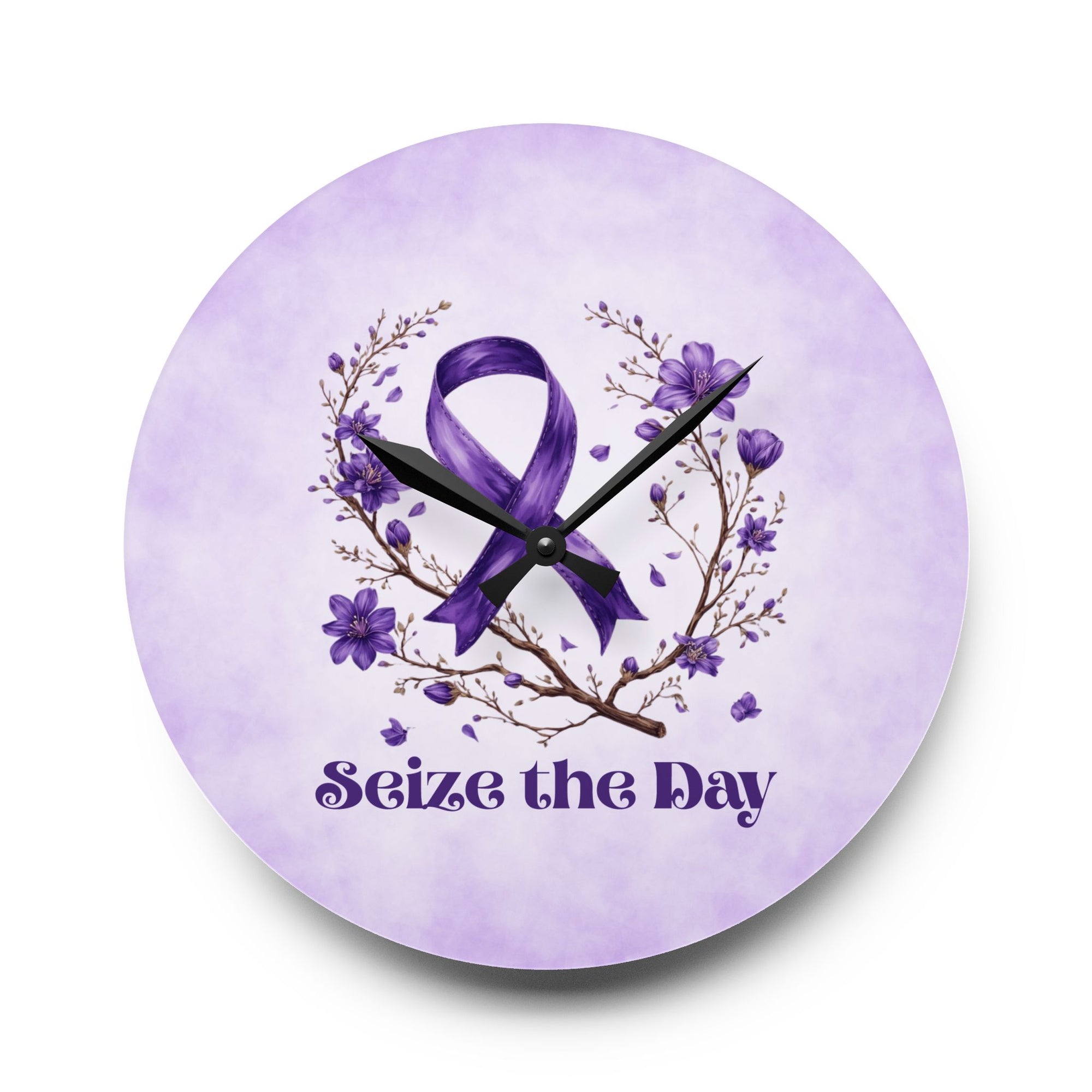 Purple Floral Seize the Day Acrylic Wall Clock
