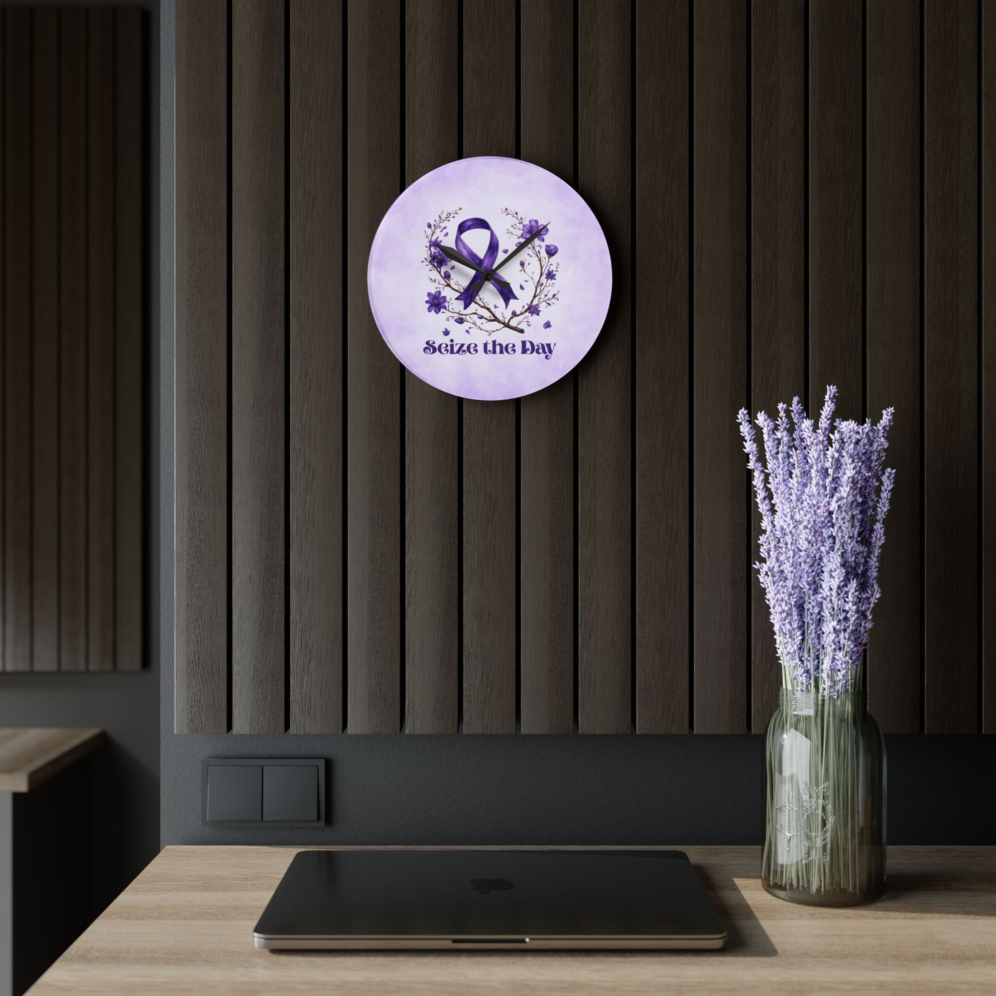 Purple Floral Seize the Day Acrylic Wall Clock