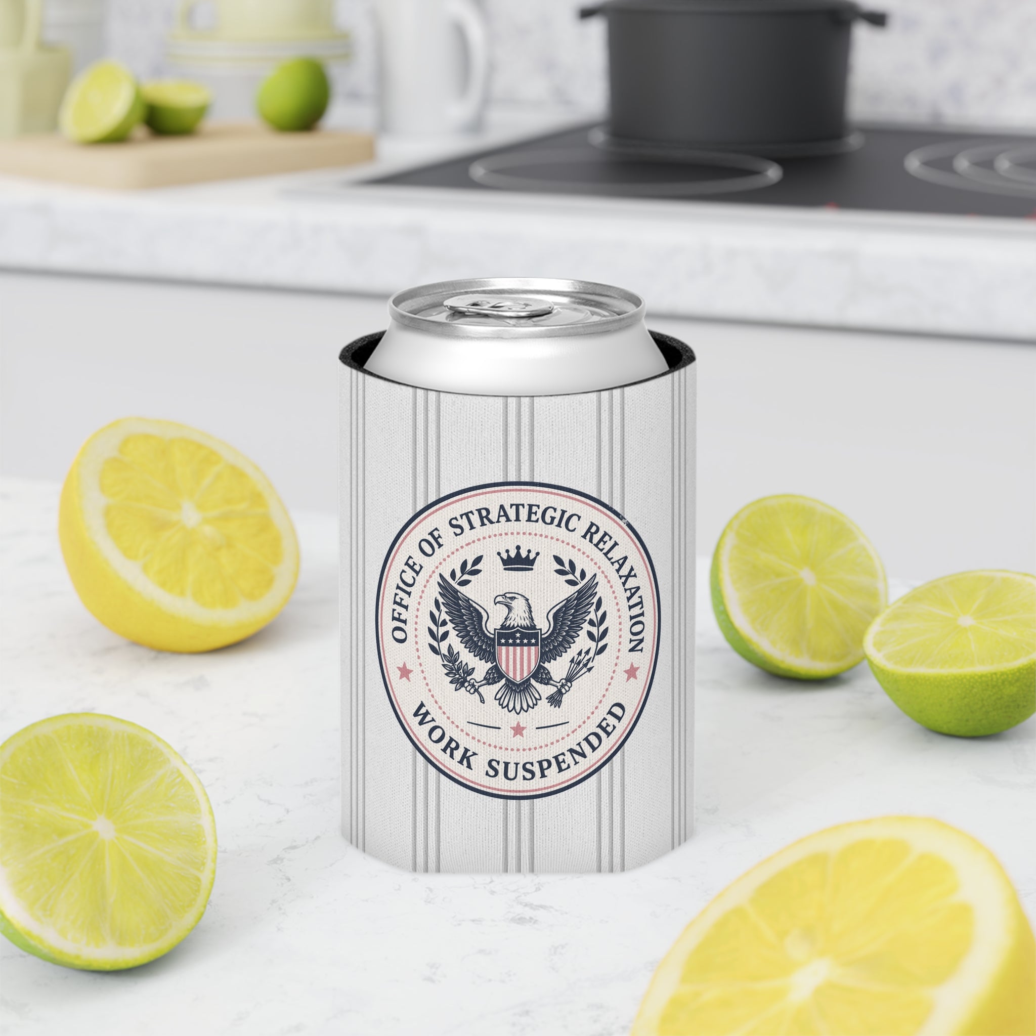 Office of Strategic Relaxation Can Cooler | Work Suspended Funny Koozie
