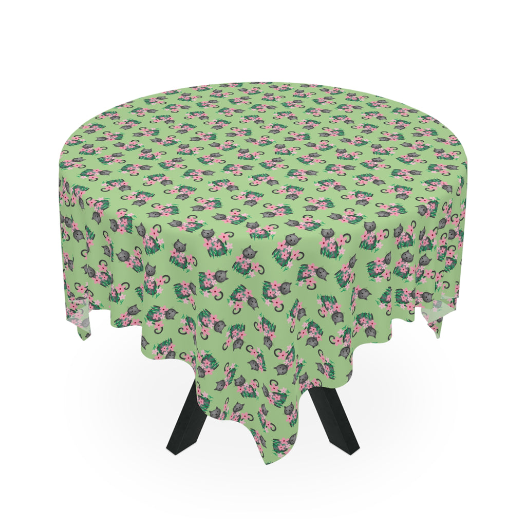 Whisker Bloom Tablecloth – Cat & Floral Pattern Mint Green Square Table Cover