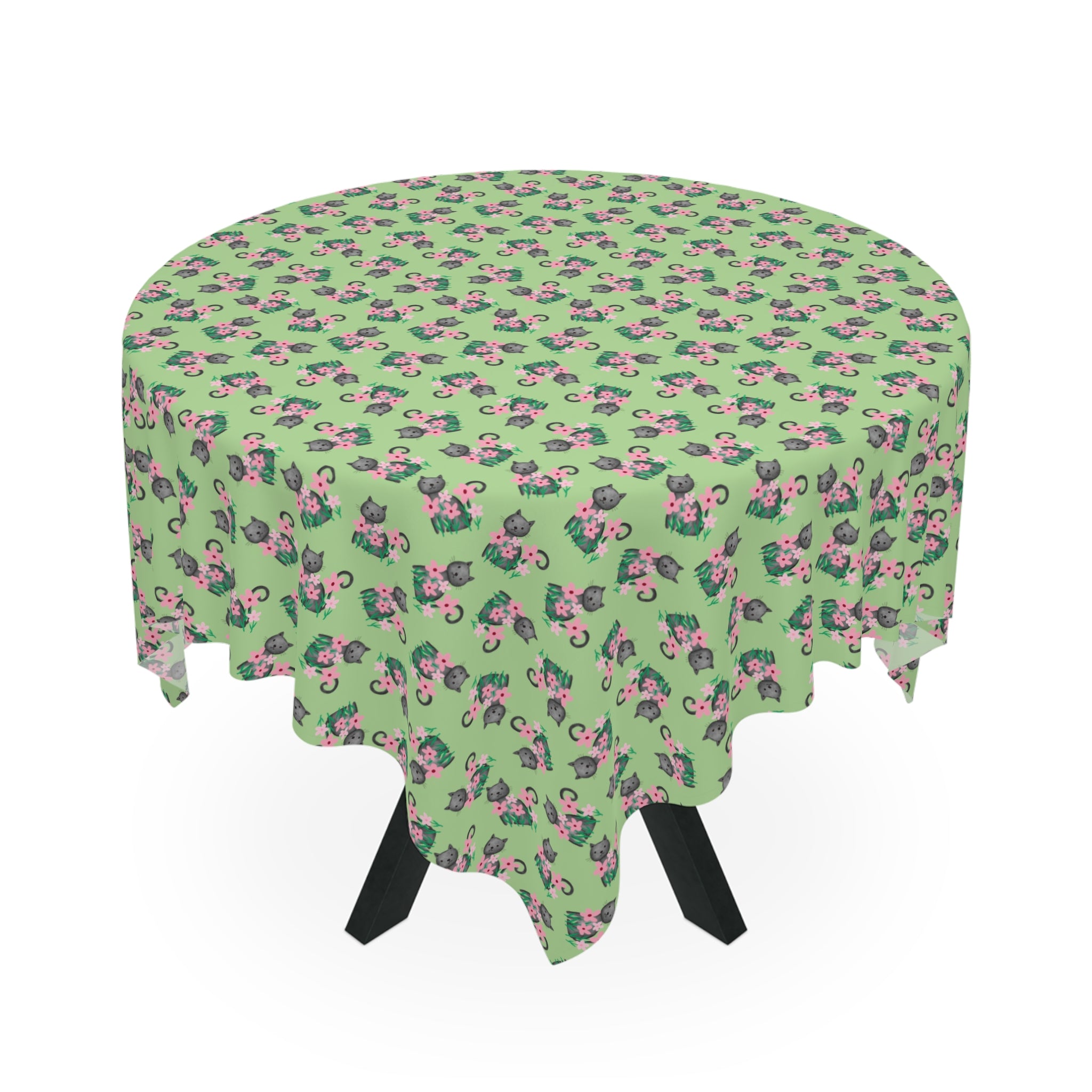 Whisker Bloom Tablecloth – Cat & Floral Pattern Mint Green Square Table Cover