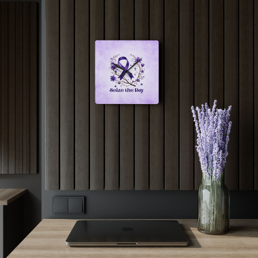 Purple Floral Seize the Day Acrylic Wall Clock
