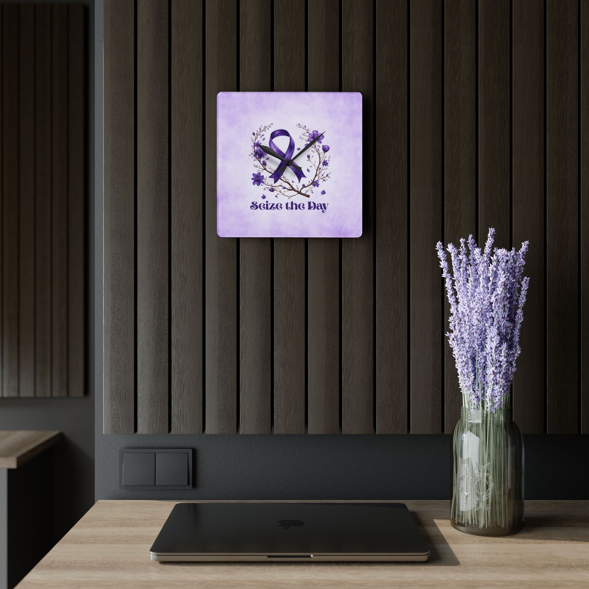 Purple Floral Seize the Day Acrylic Wall Clock
