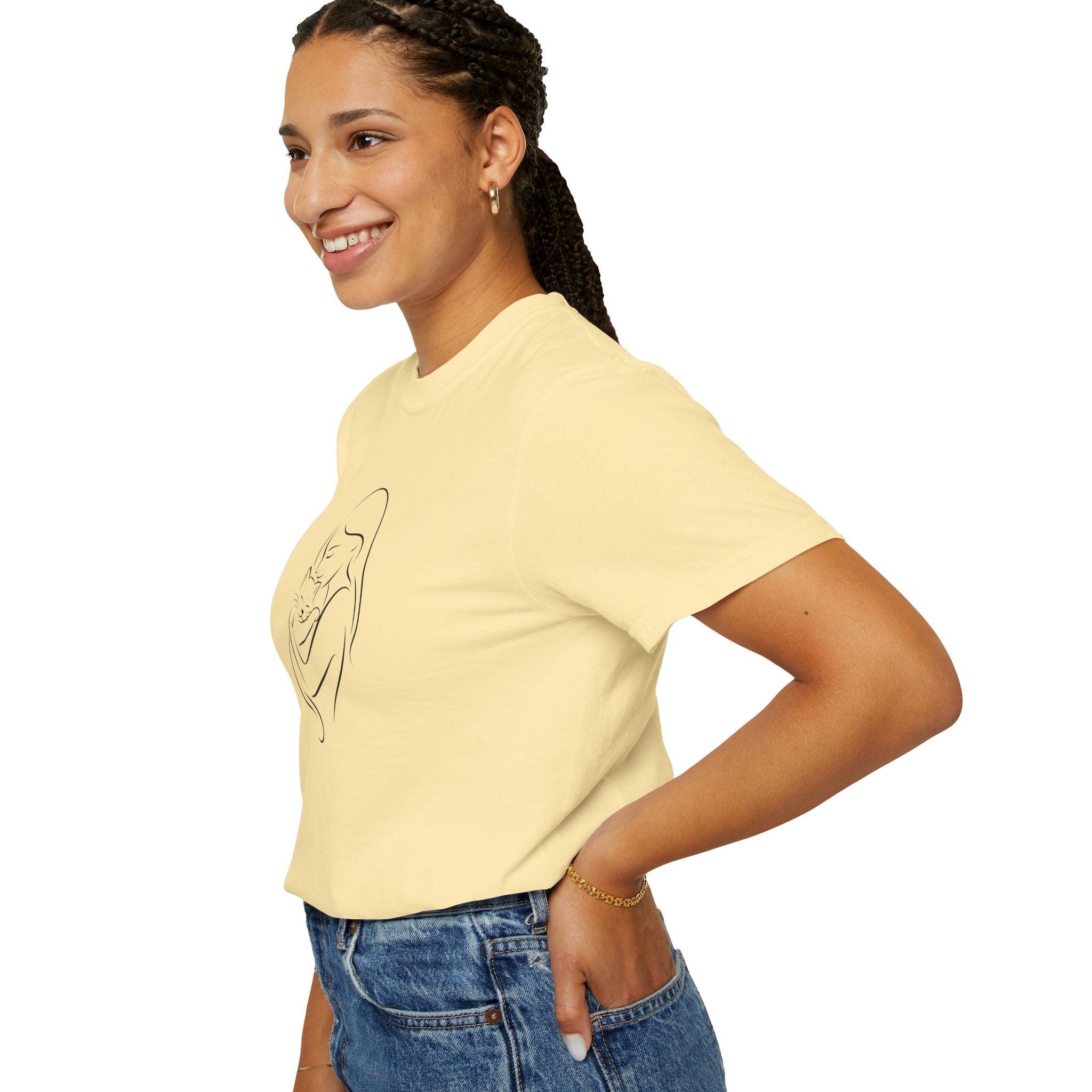 Mother & Cat Embrace T-Shirt | Minimal Line Art Cat Mom Shirt
