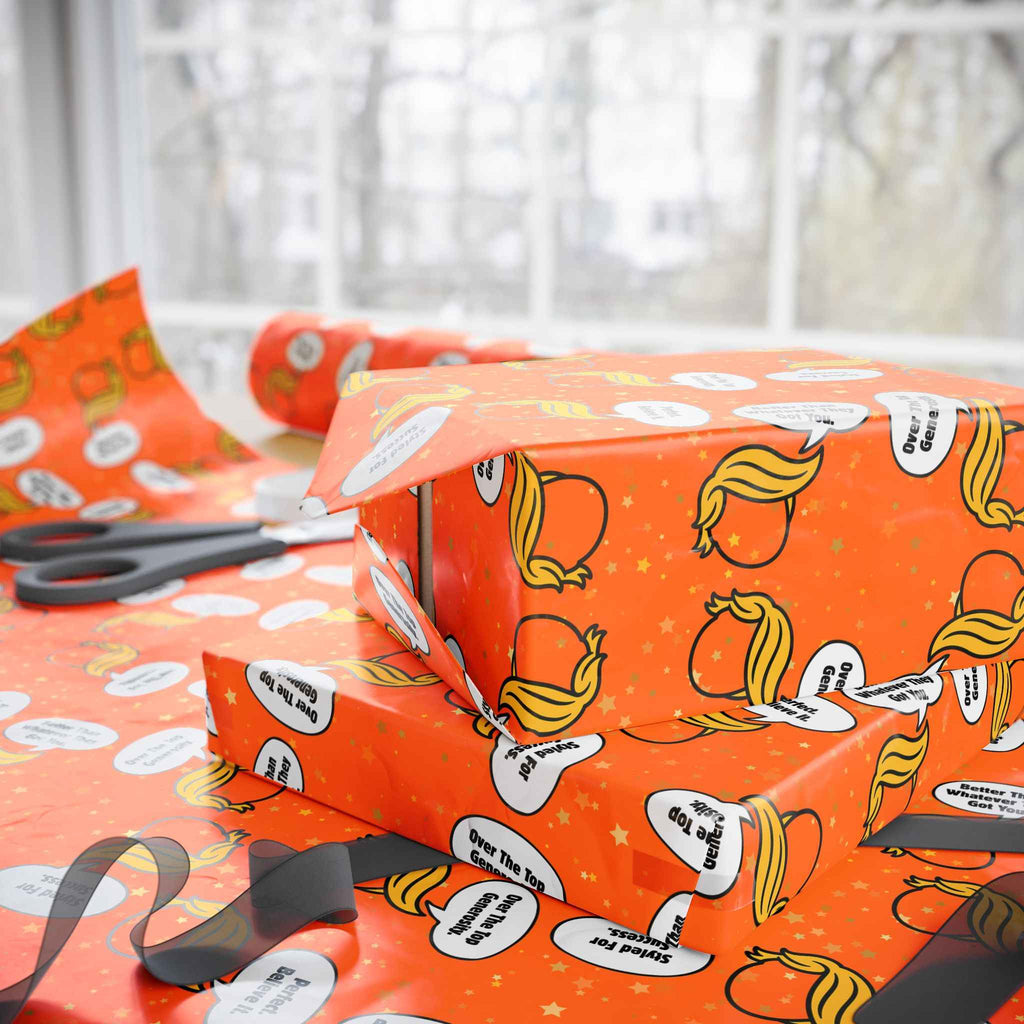 “Styled for Success” Parody Gift Wrap – Blonde Whoosh & Gold Stars