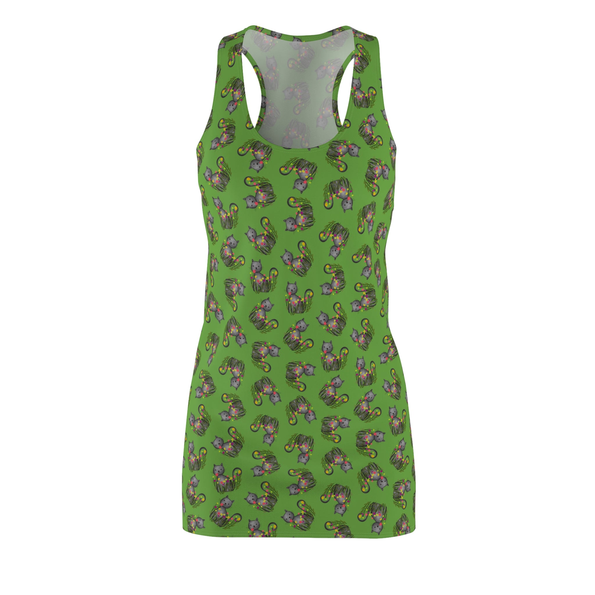 Green WhimsiCat Racerback Dress – Lightweight Athletic Cat Print Dress