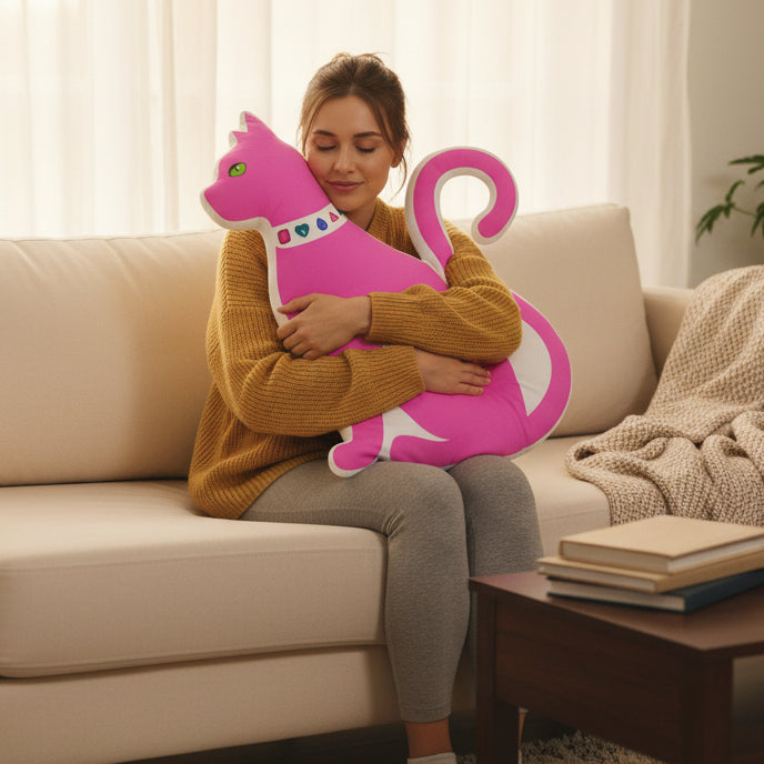 Jewel Collar Cat Shaped Pillow – Bright Magenta Cat Accent Pillow