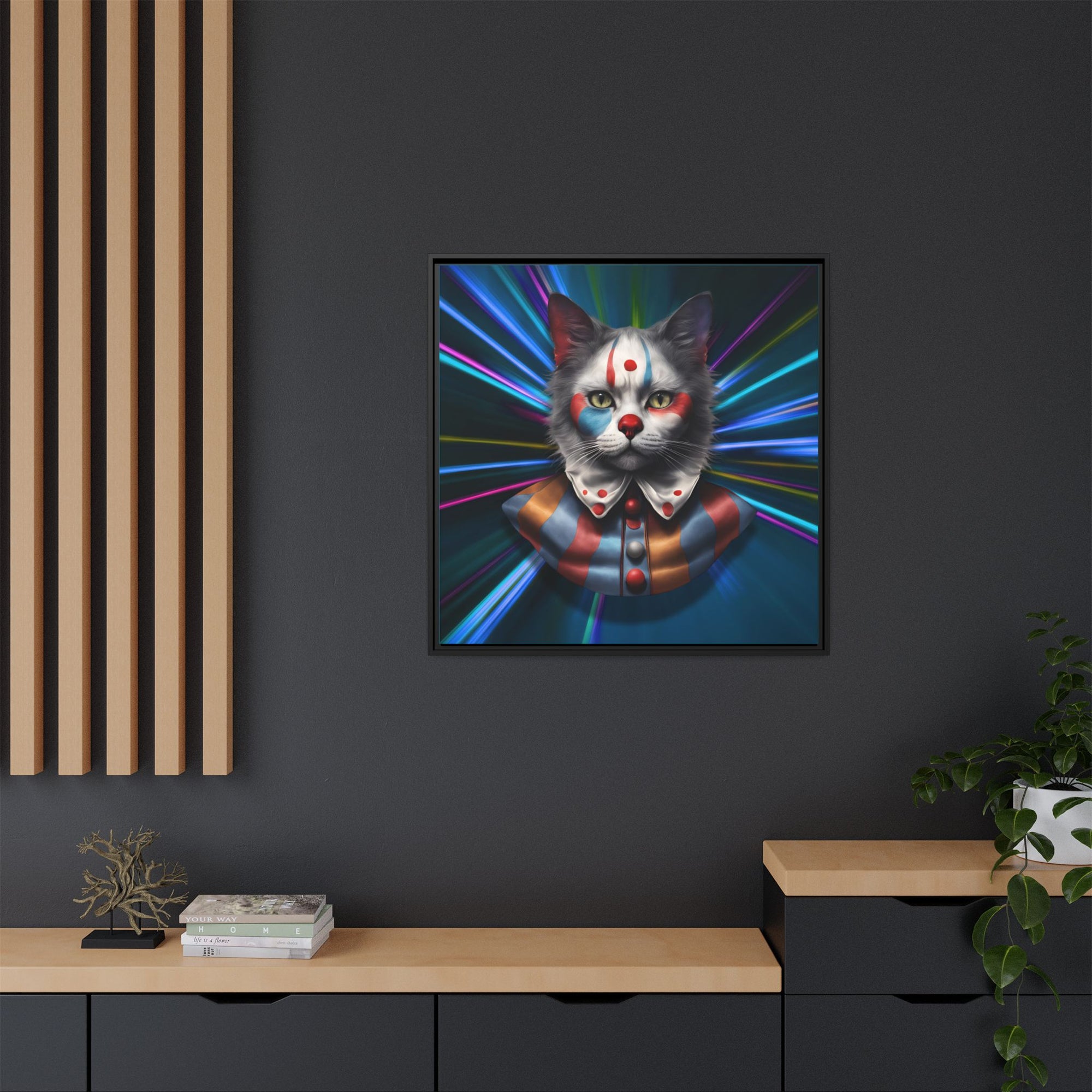 Colorful Cat Clown Framed Canvas Art – Quirky Home Decor for Pet Lovers
