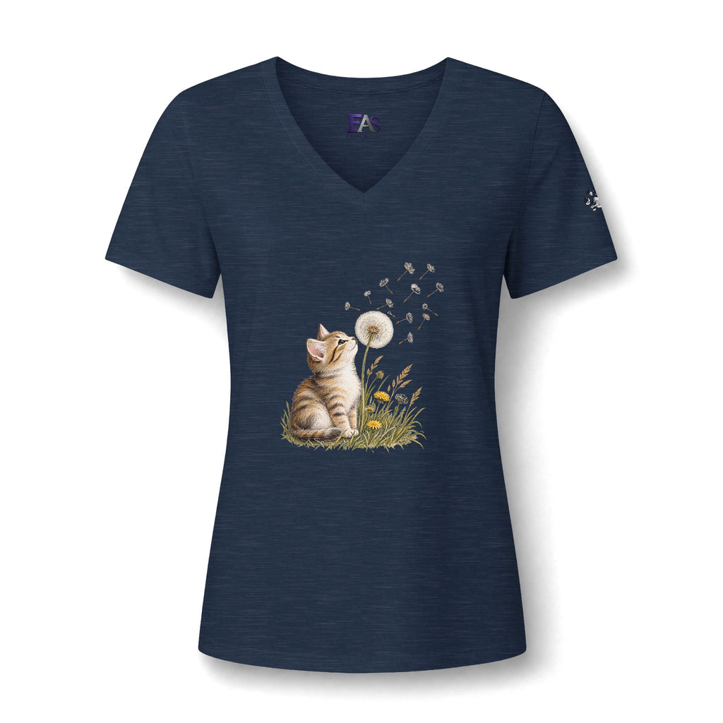 Kitten & Dandelion Women's Relaxed V-Neck T-Shirt | Cat Lover Floral Tee