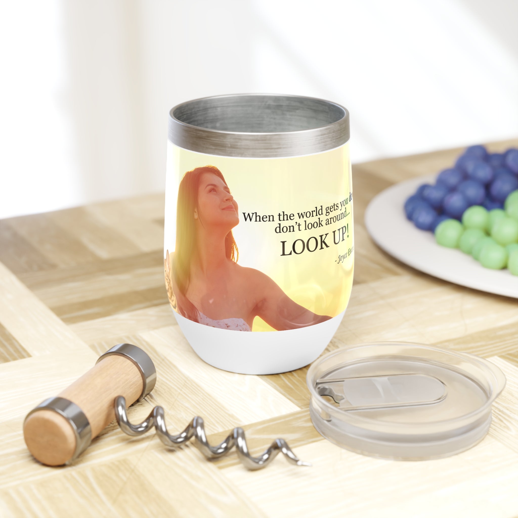 Photo depicting the ​Don't Look Around - Look Up Chill Wine Tumbler from EpiAl's Shop.