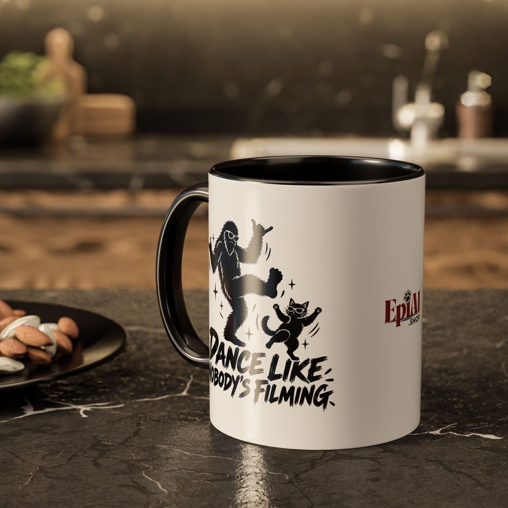 Dance Like Nobody's Filming | Funny Bigfoot & Cat Coffee Mug (11oz/15oz)