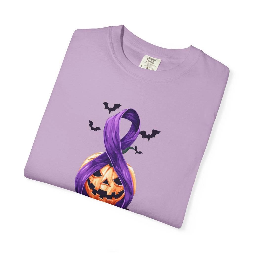 Halloween Pumpkin Unisex T-Shirt with Purple Ribbon Design