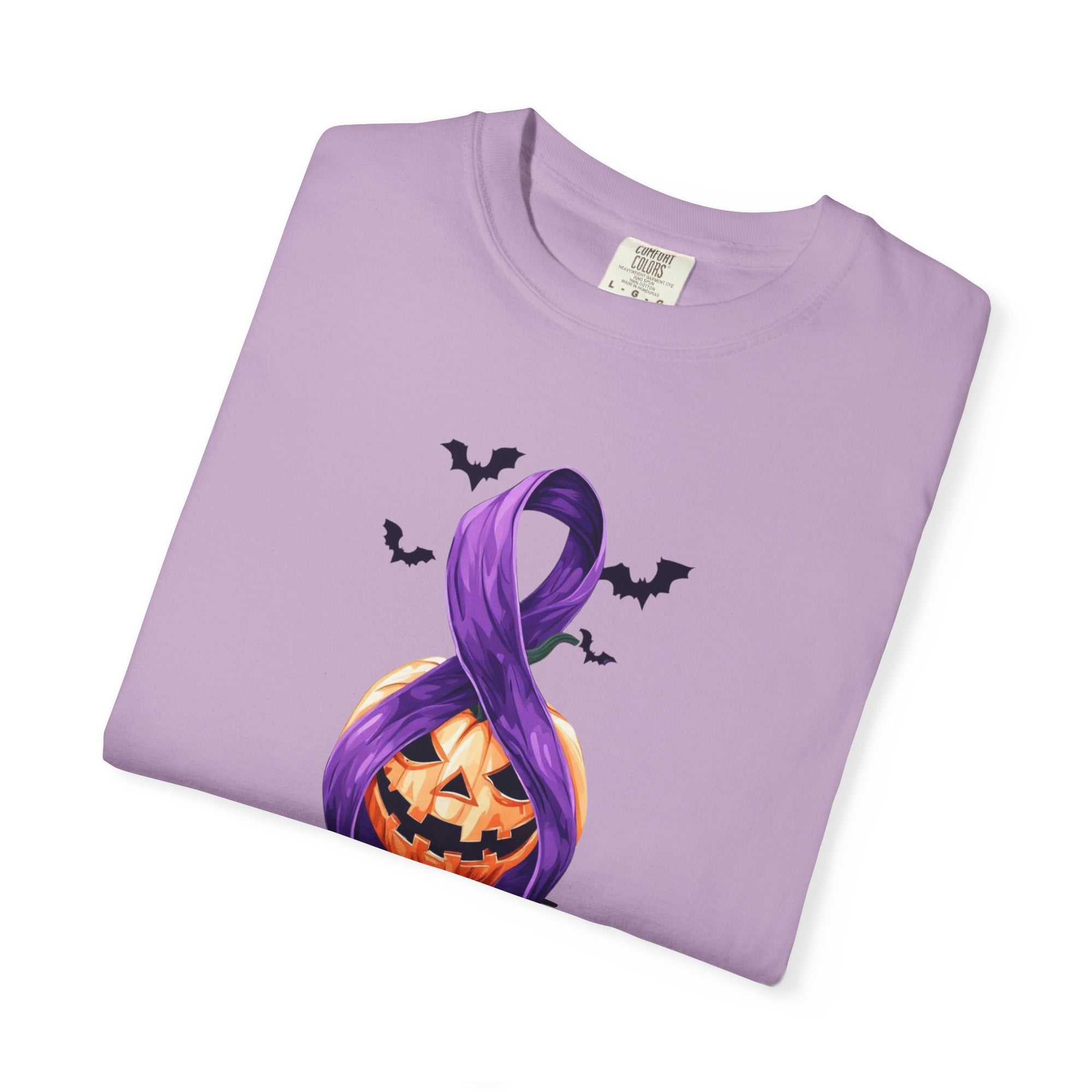 Halloween Pumpkin Unisex T-Shirt with Purple Ribbon Design