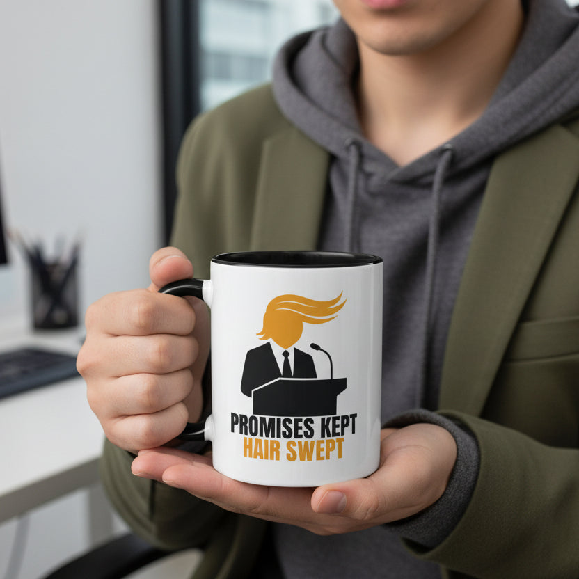 Promises Kept, Hair Swept — Two-Tone Coffee Mug (Political Parody)