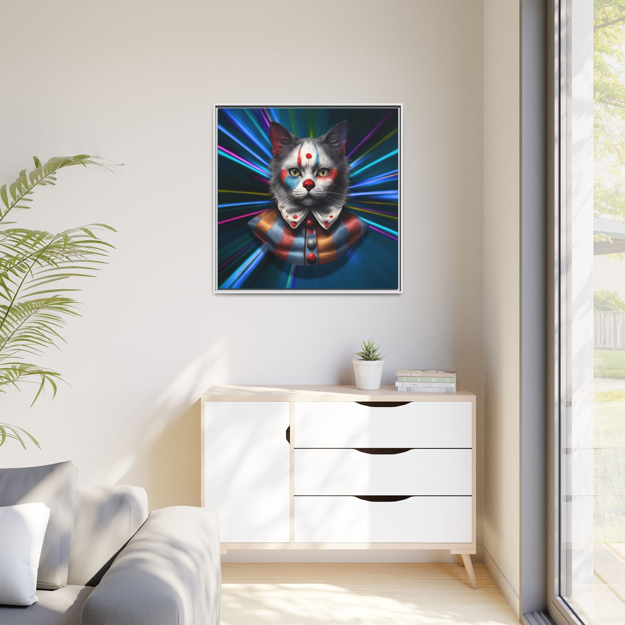 Colorful Cat Clown Framed Canvas Art – Quirky Home Decor for Pet Lovers