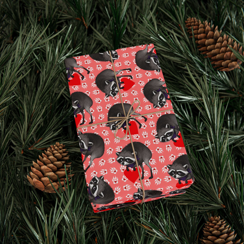 Jimothy's Love & Mischief Gift Wrapping Paper | Raccoon Hearts & Paw Prints