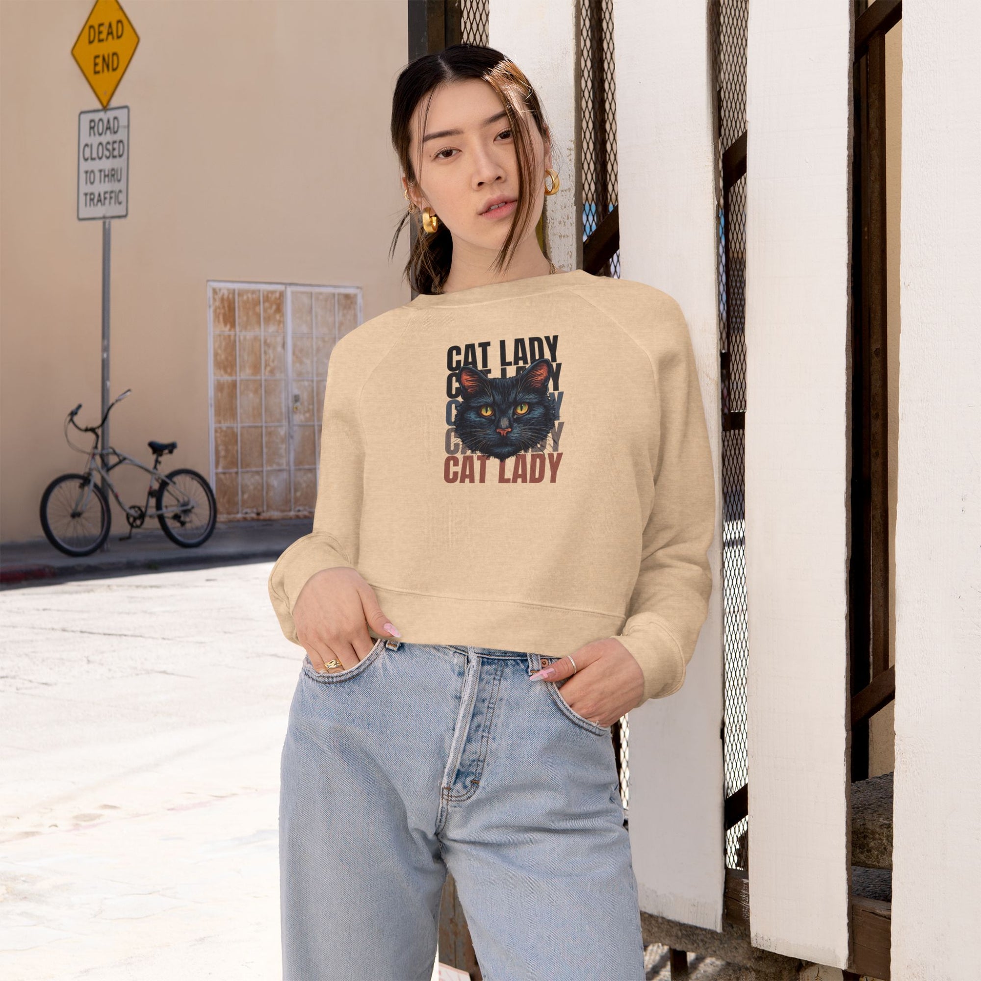 Black Cat Lady Cropped Fleece Pullover, Cozy Cat Lover Sweatshirt