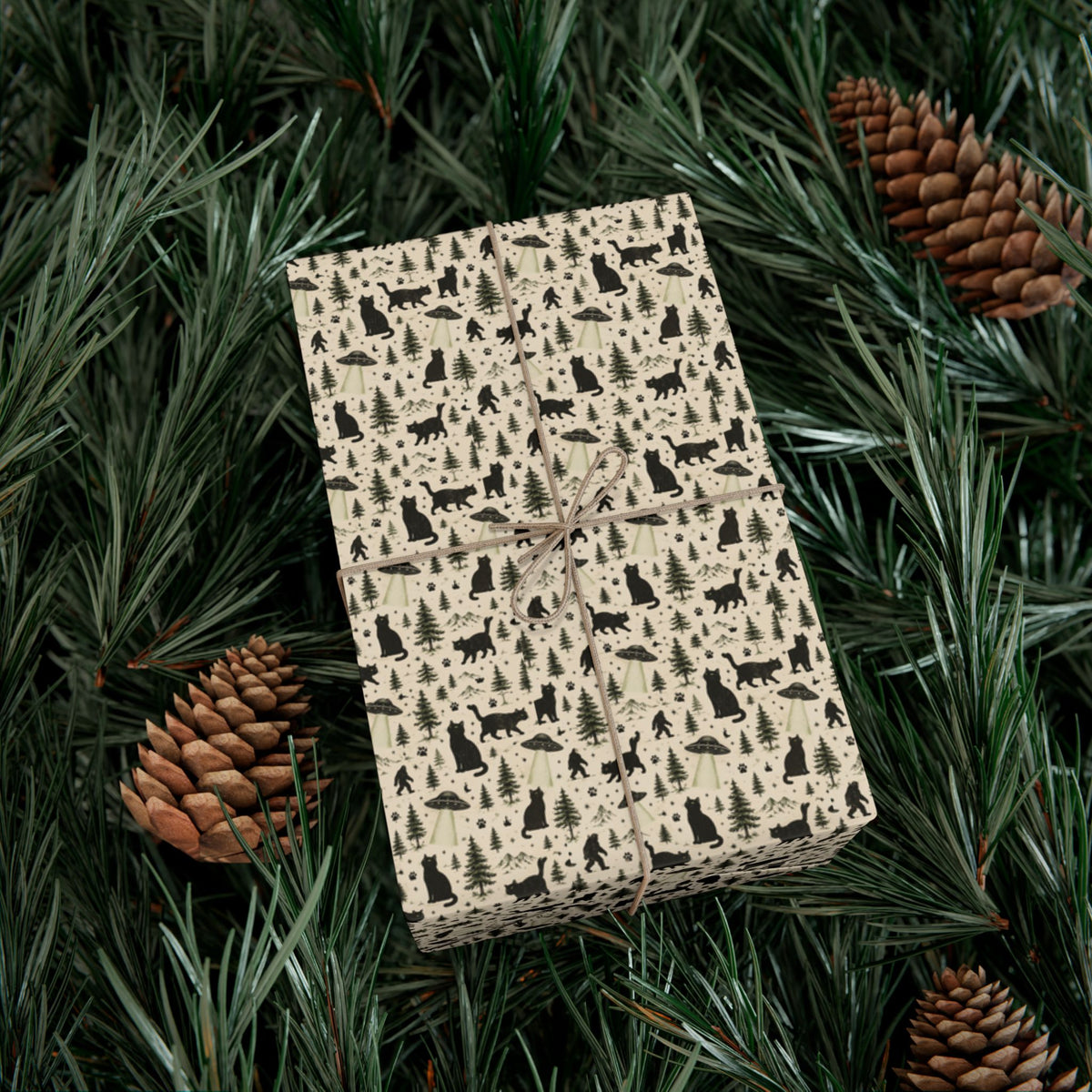 Cat, UFO & Bigfoot Wrapping Paper | Cryptid Cat Gift Wrap | Funny All-Occasion Wrap