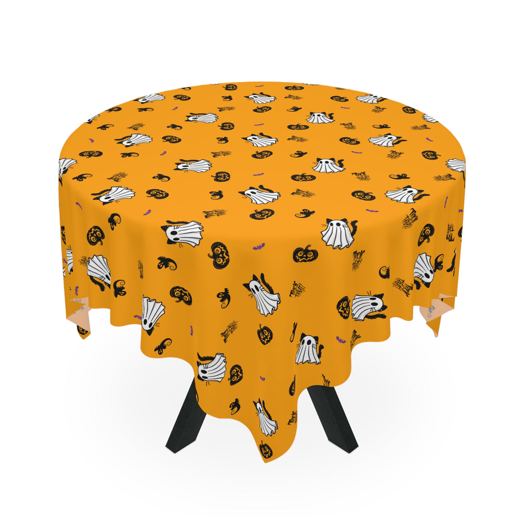 Ghost Cat Halloween Tablecloth | Orange Spooky Cat & Pumpkin Square Tablecloth