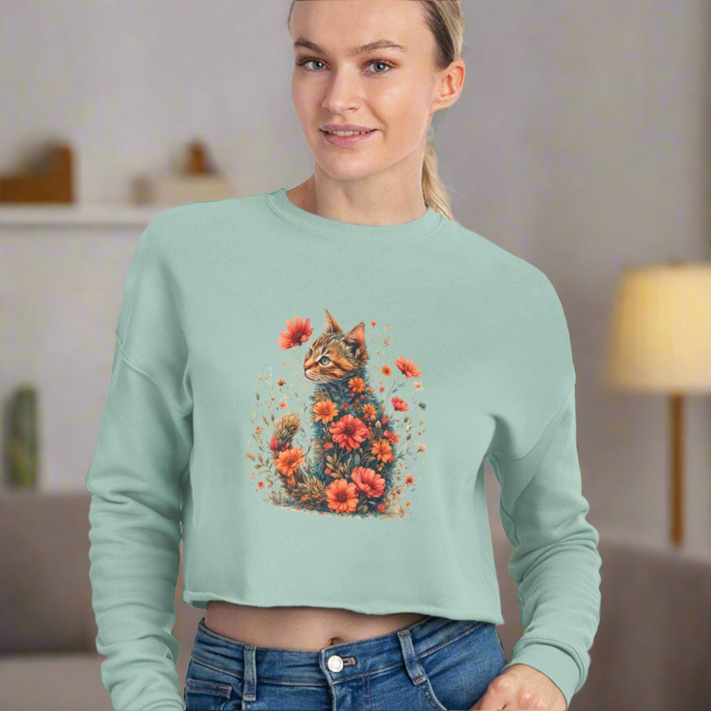 Floral Cat Women's Cropped Sweatshirt