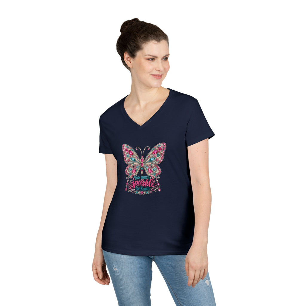 Too Much Sparkle for Earth V-Neck Tee | Rhinestone Butterfly Shirt | Heavenly Country Glam