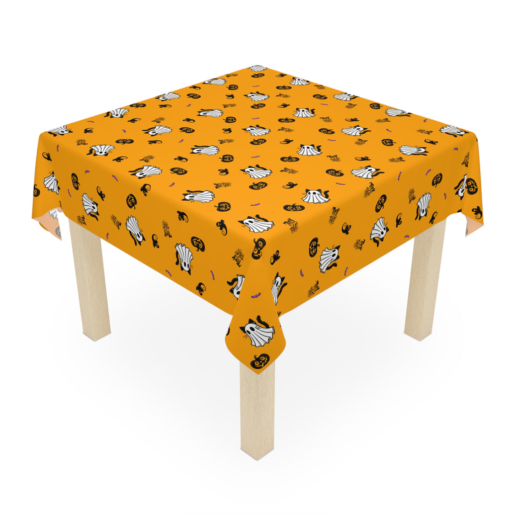 Ghost Cat Halloween Tablecloth | Orange Spooky Cat & Pumpkin Square Tablecloth