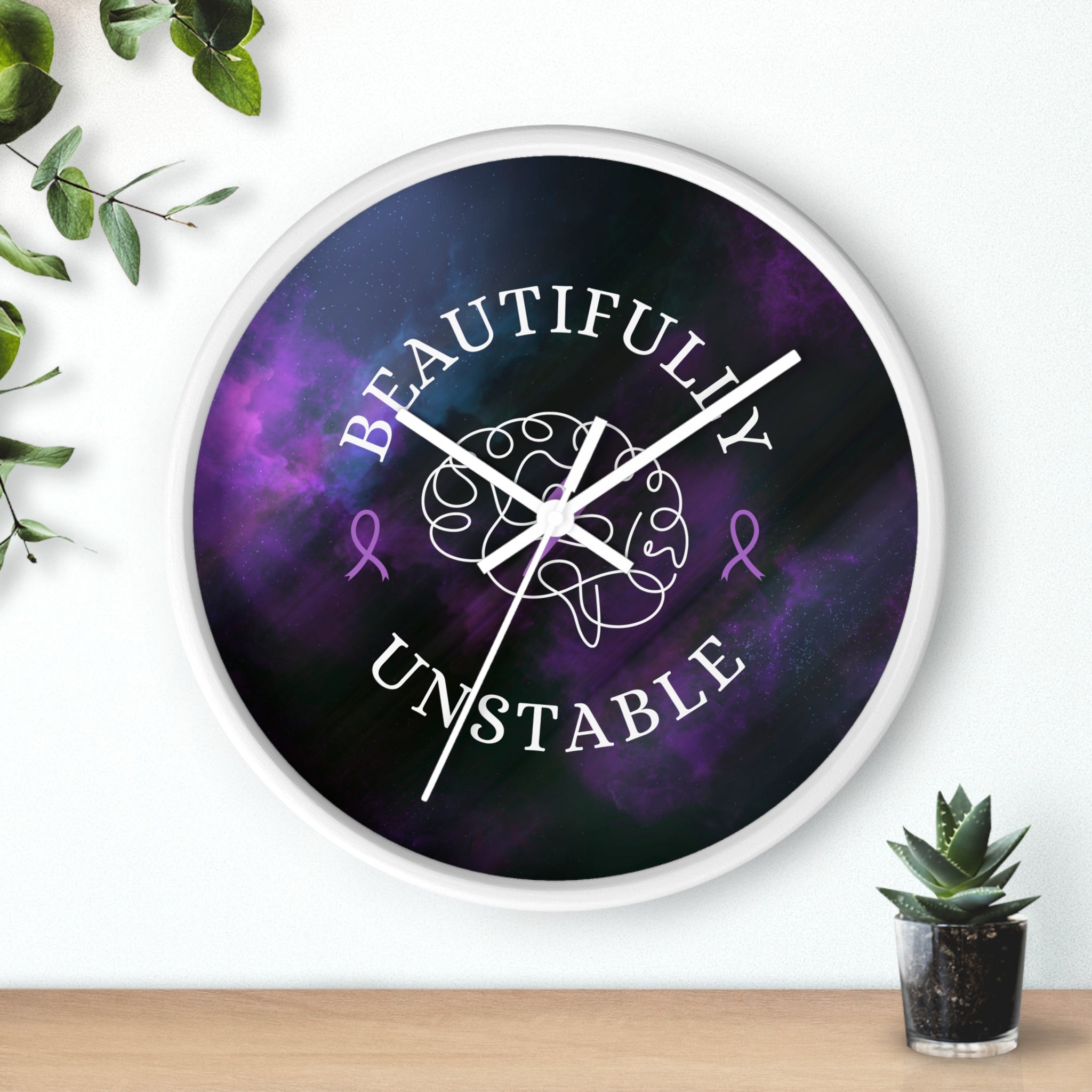 Beautifully Unstable Purple Ribbon Brain Silent Wall Clock – 10" Awareness Clock