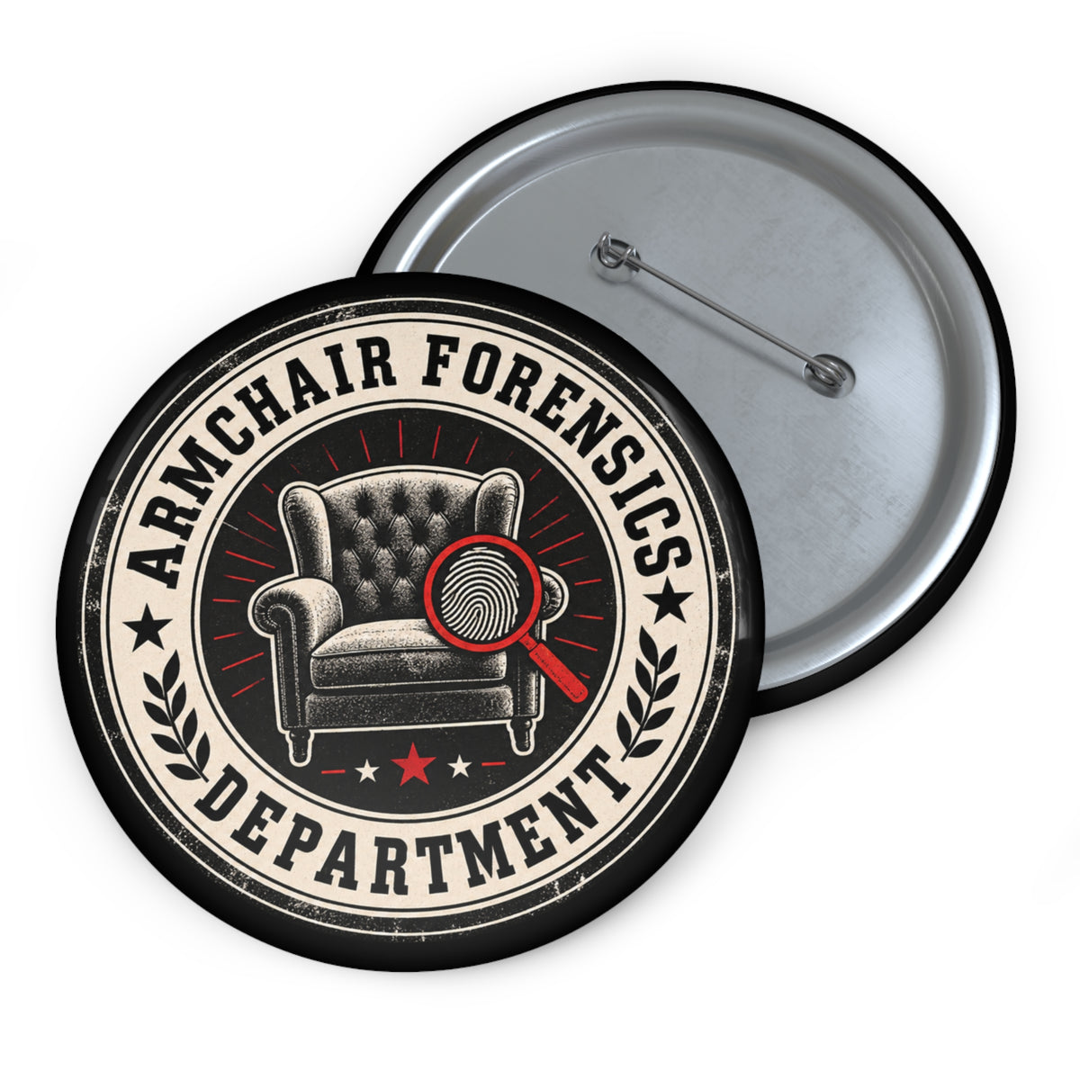 Armchair Forensics Department Pin Button | True Crime Sleuth Badge