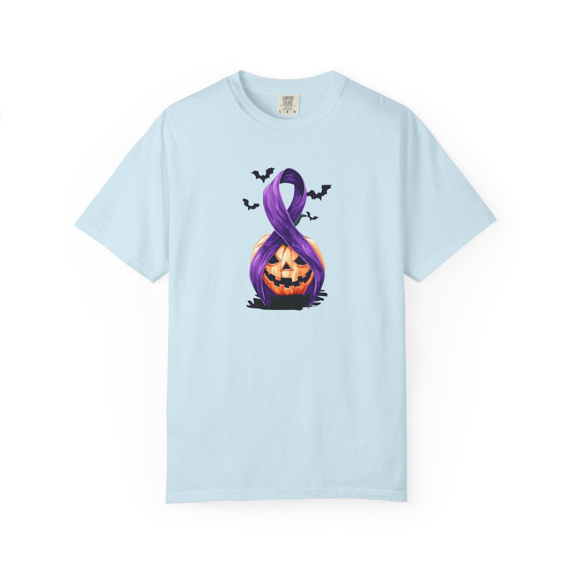 Halloween Pumpkin Unisex T-Shirt with Purple Ribbon Design