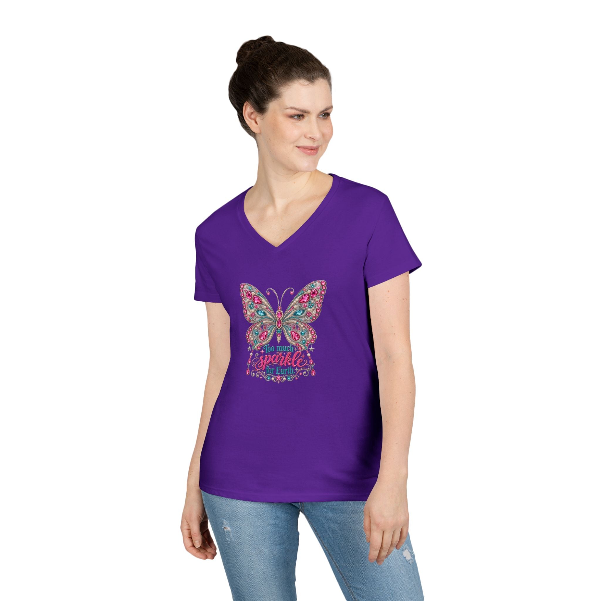 Too Much Sparkle for Earth V-Neck Tee | Rhinestone Butterfly Shirt | Heavenly Country Glam