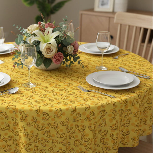 Golden Purr Cat Tablecloth – Minimalist Line Art Polka Dot Design (55