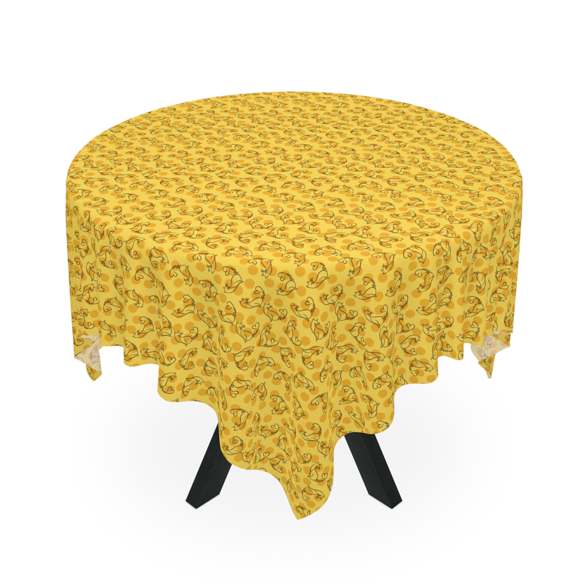 Golden Purr Cat Tablecloth – Minimalist Line Art Polka Dot Design (55" × 55")