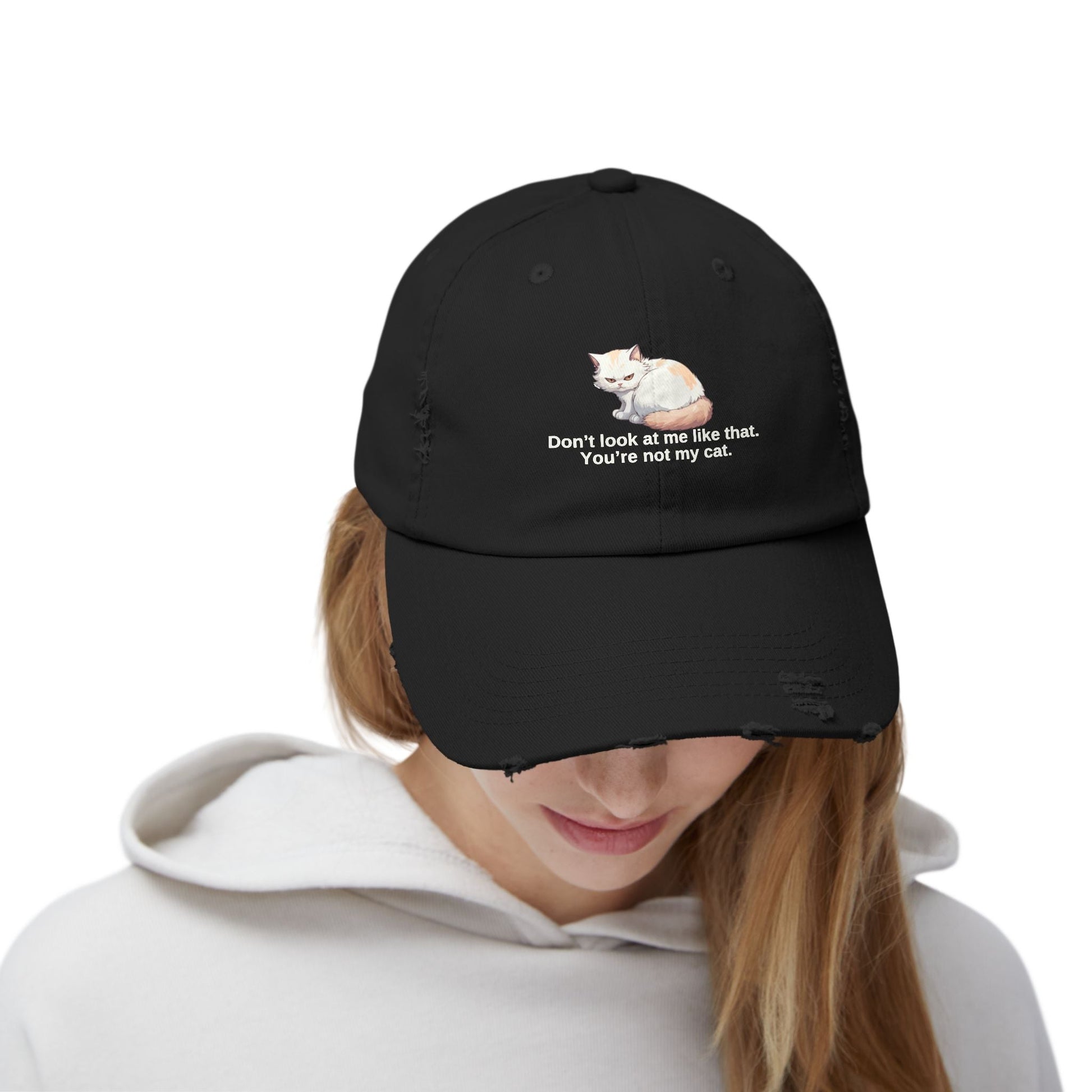 Funny Unisex Distressed Cat Cap - 'Don't Look at Me Like That' Printify