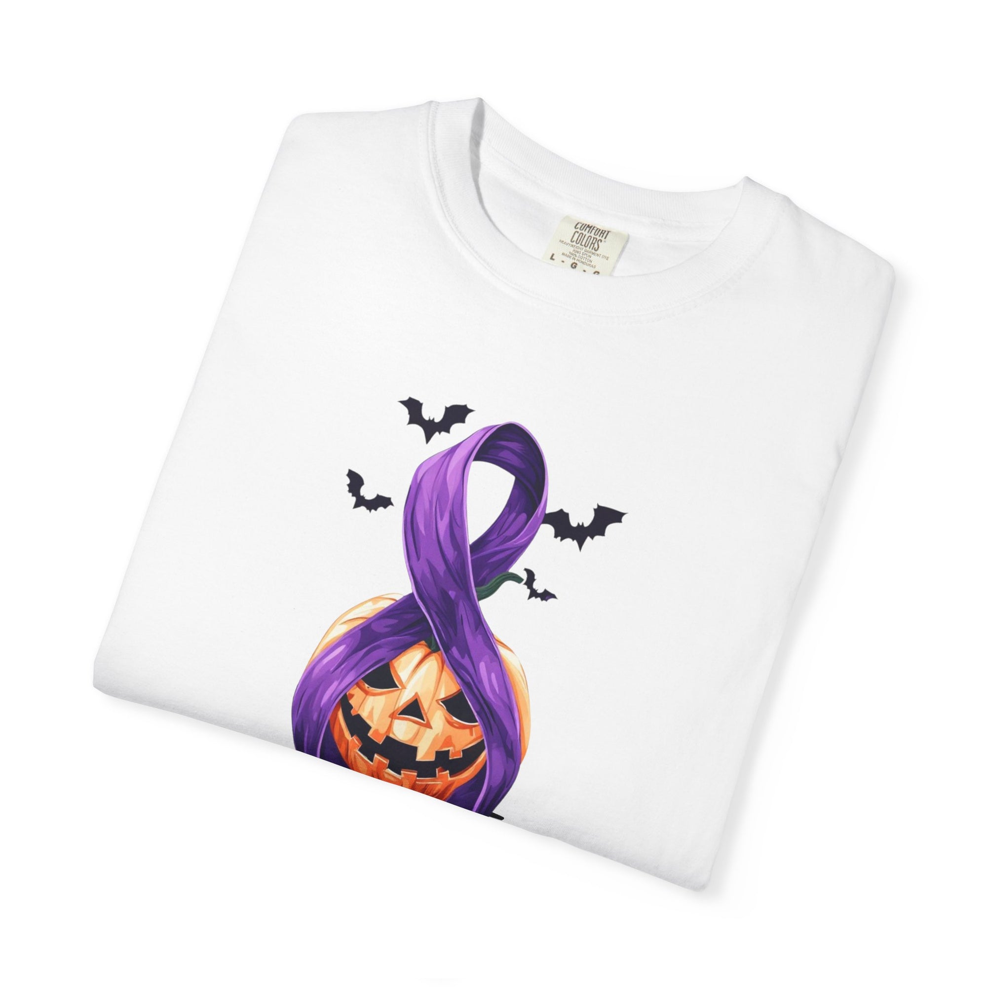 Halloween Pumpkin Unisex T-Shirt with Purple Ribbon Design
