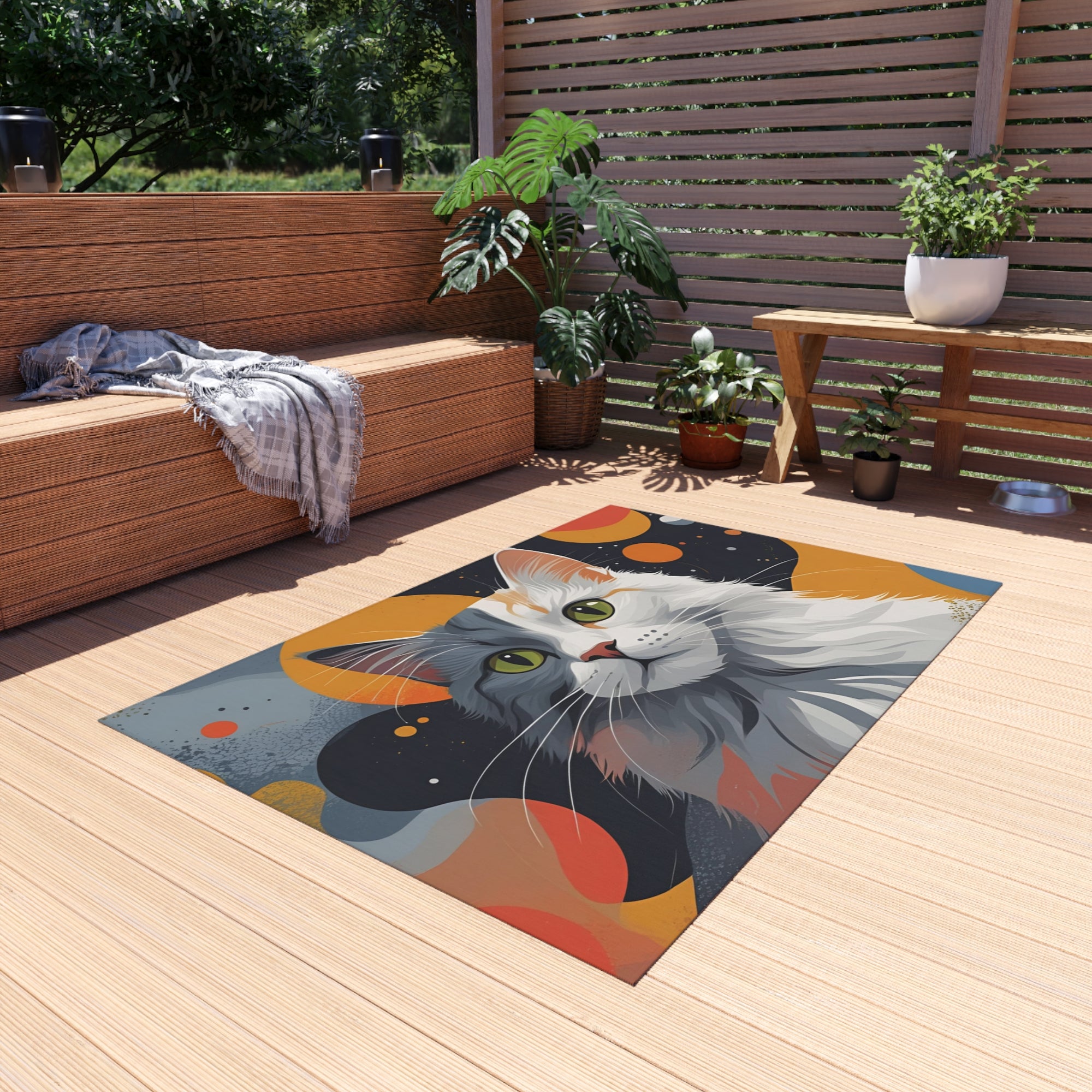 Colorful Cat-Themed Outdoor Rug, Cozy Patio Decor