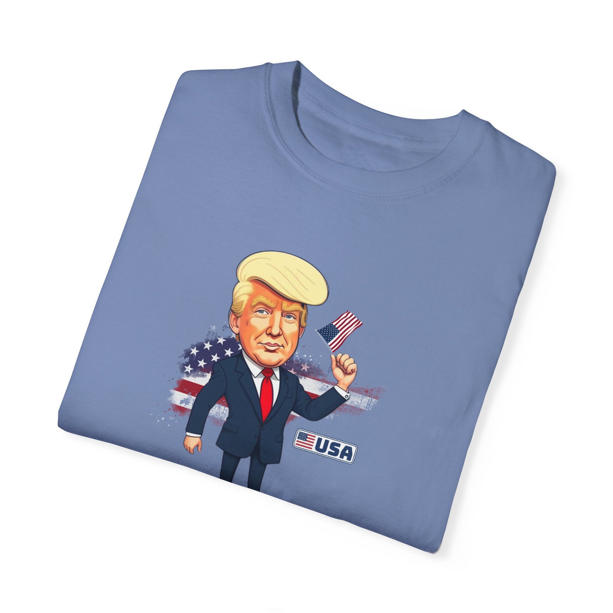 Patriotic Cartoon T-Shirt - Unisex Garment-Dyed Tee with Trump Design