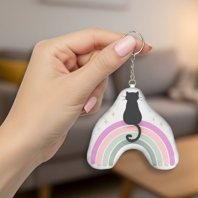 Pastel Rainbow Cat Plush Keychain — Small, Soft, Slightly Magical