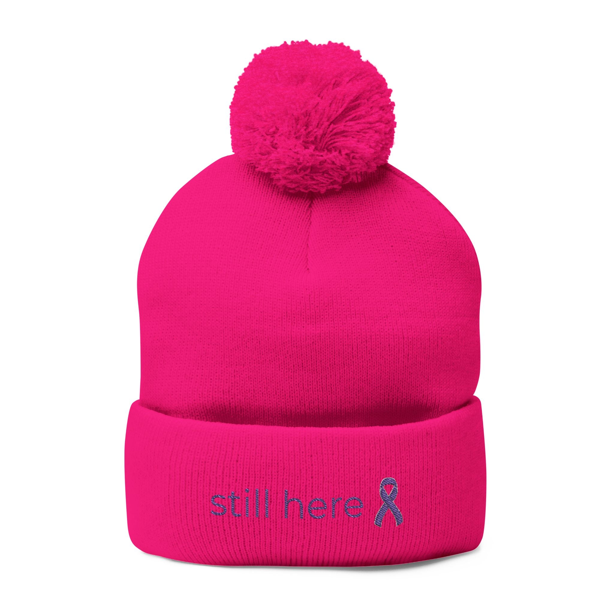 Still Here Pom-Pom Beanie – Epilepsy Awareness Knit Hat with Purple Ribbon