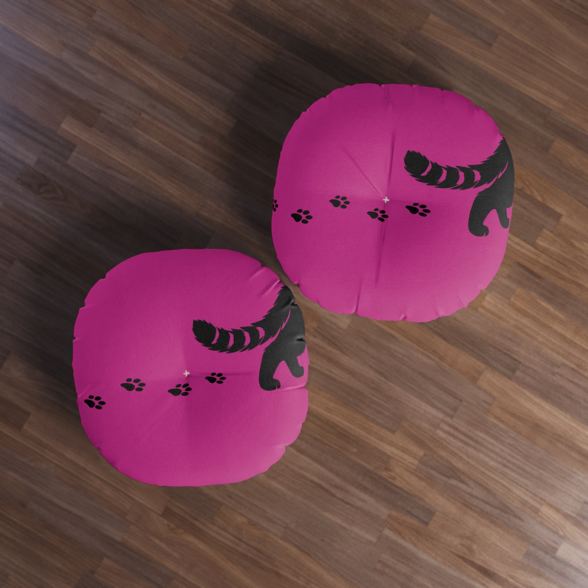 Midnight Cat Walk Round Floor Pillow – Hot Pink Paw Print Cushion (26