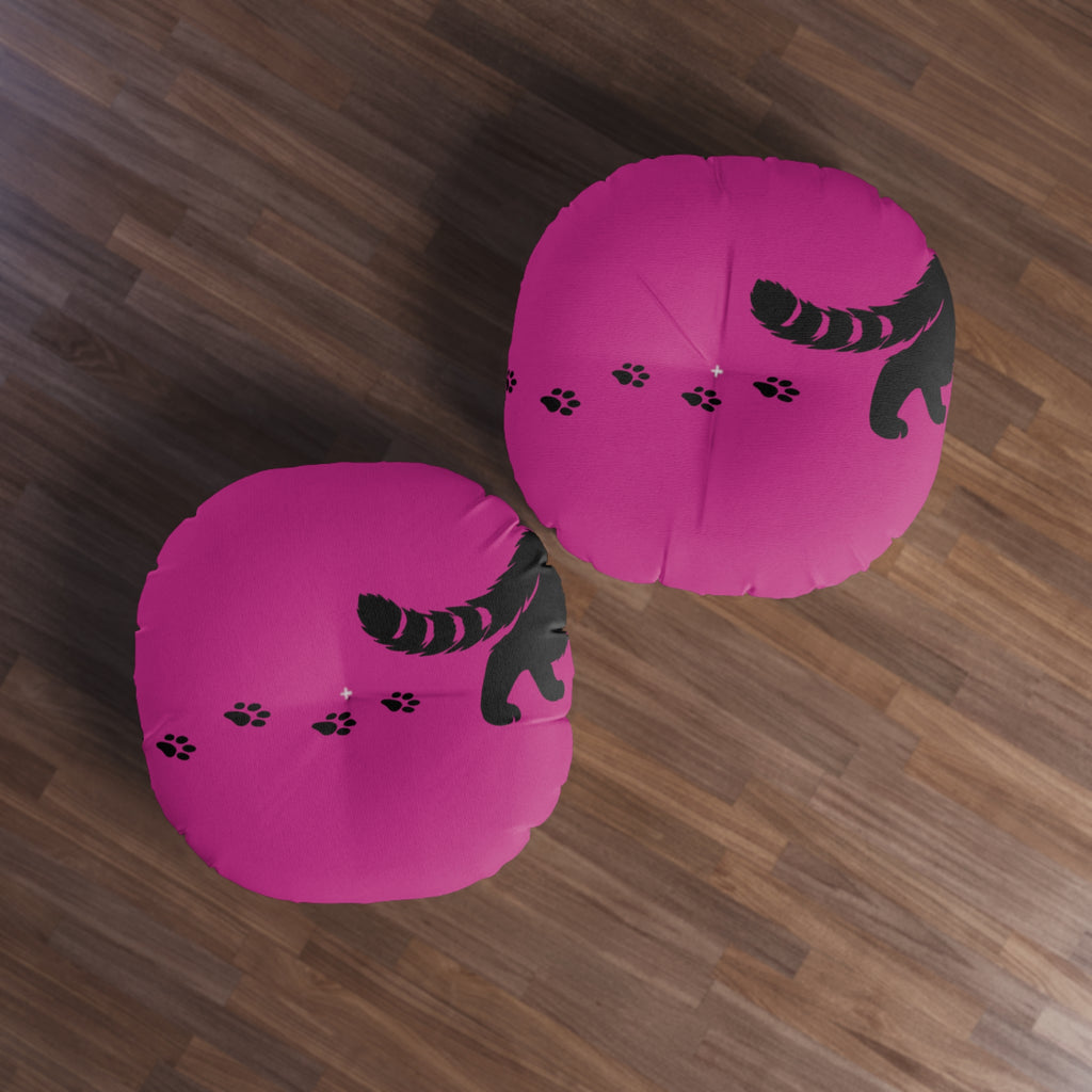 Midnight Cat Walk Round Floor Pillow – Hot Pink Paw Print Cushion (26" or 30")