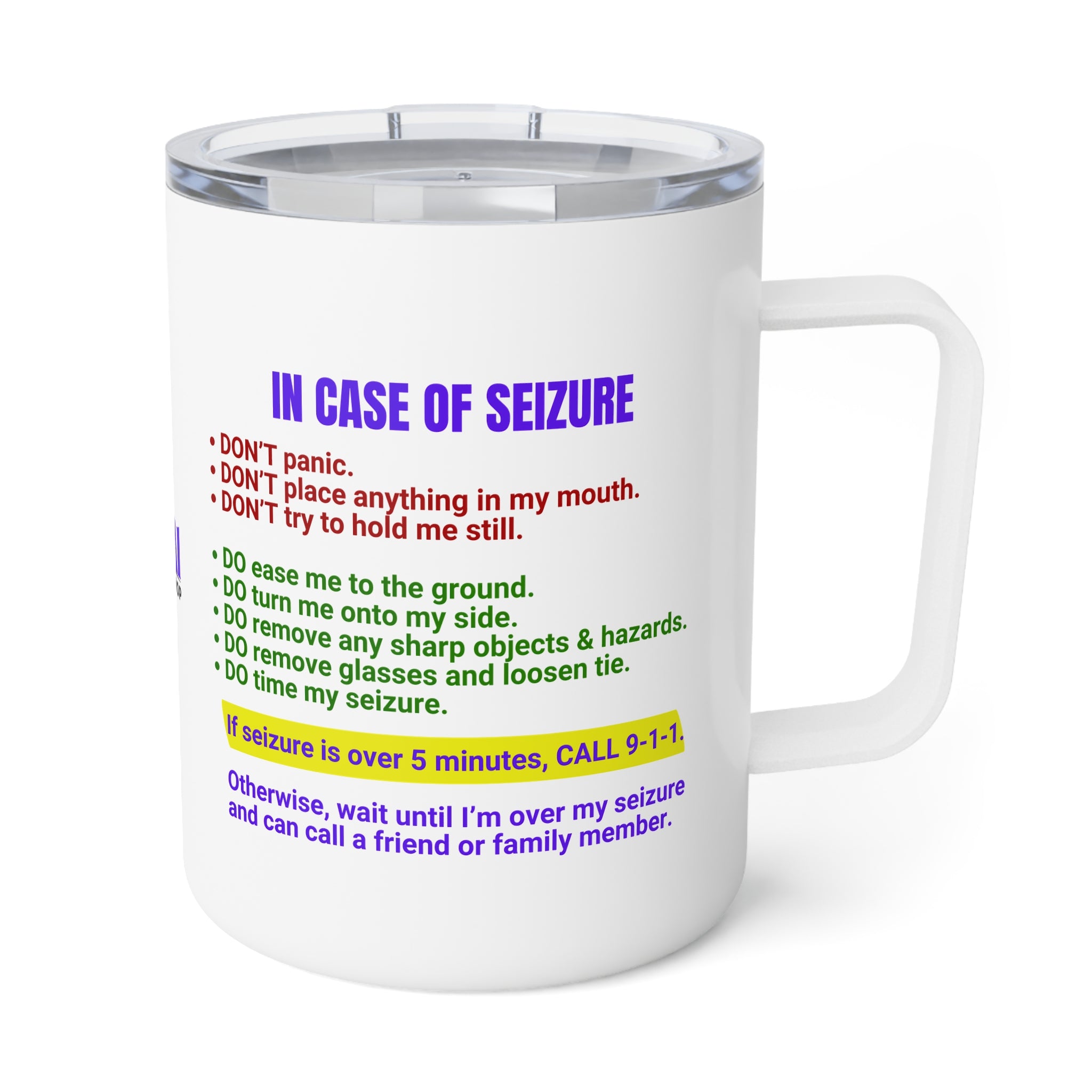 Photo depicting the ​Seizure First Aid Insulated Coffee Mug, 10oz from EpiAl's Shop.