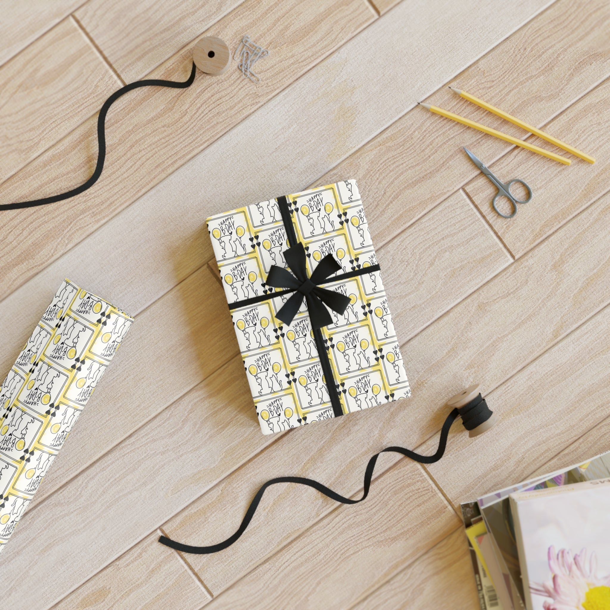 Dog & Cat Black & Yellow Birthday Gift Wrapping Paper Rolls, 1pc - EpiAl's Shop